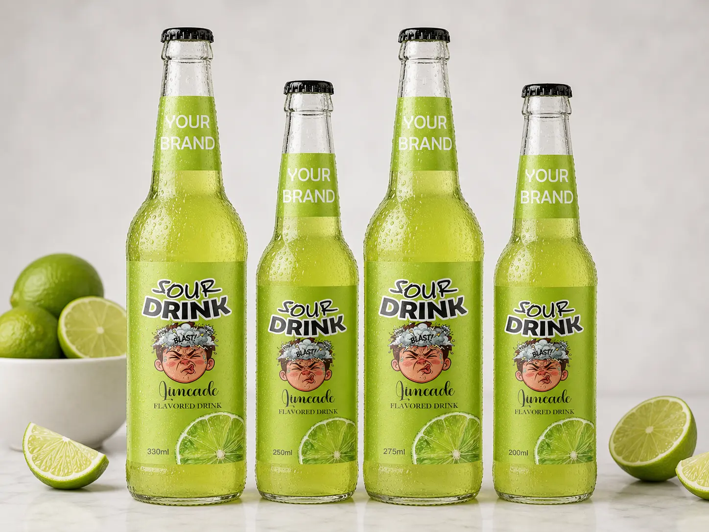 SOUR DRINK Limeade Flavored Drink in 330ml, 250ml, 275ml, and 200ml glass bottles.